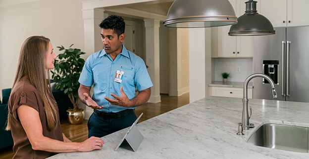 Aire Serv technician explaining services to the customer.